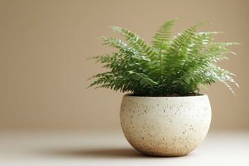 Lush green fern in a speckled ceramic pot against a beige background.
