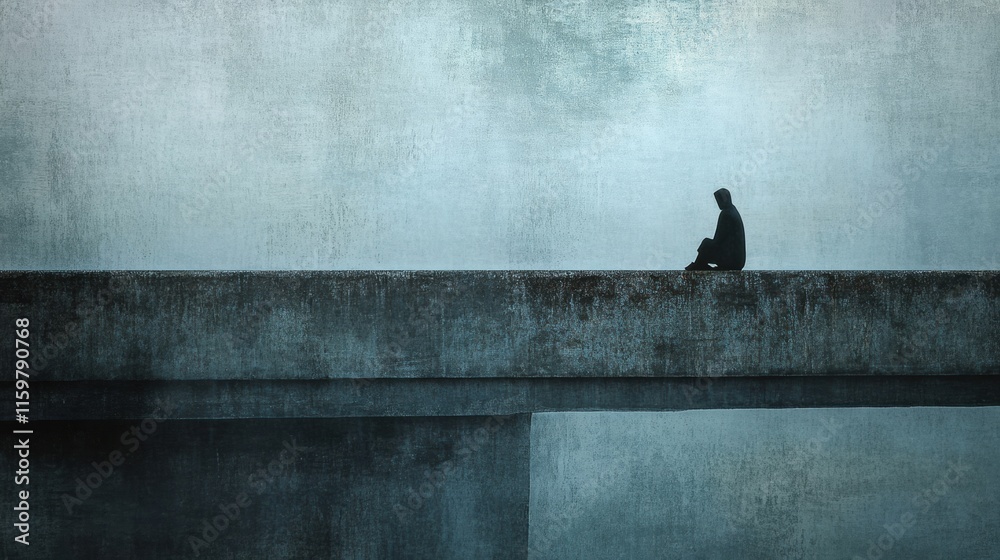 Fototapete lone figure contemplates life on a foggy bridge at twilight fostering deep feelings of loneliness an