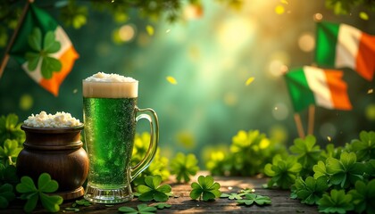 Festive St. Patrick's Day celebration with green beer and clovers in a sunny outdoor setting