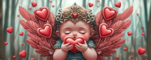 Enchanting Cupid in a glowing forest, celebrating love with heart-shaped arrows, captures the essence of romance and affection This image, perfect for Valentine's, symbolizes the magic of love Cupid