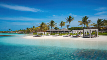 Serene beach scene featuring white cabanas and crystal-clear waters under a vibrant blue sky, perfect for relaxation and tranquility.