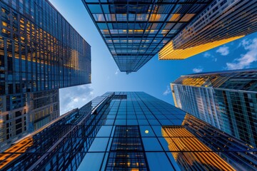 Low angle view of skyscrapers against a blue sky at sunset.