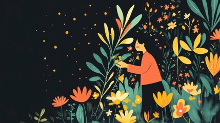 Woman Tending a Vibrant Garden at Night - Peaceful Illustration