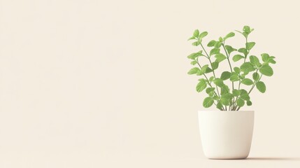 Potted Herb Plant on Beige Background, Minimalist Home Decor