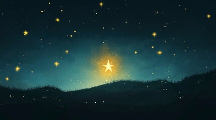 Fototapeta premium Night Sky, Bright Star, Hilltop, Peaceful Scene
