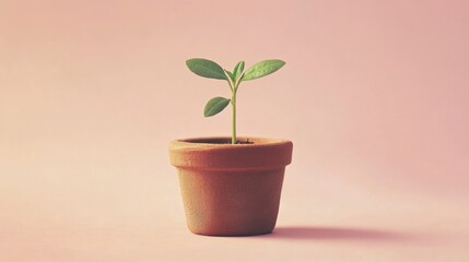 Fototapeta premium Tiny Plant Sprouting in Clay Pot, Pastel Pink Background - Minimalist Growth Concept