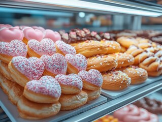 Indulge in love with our Romantic Valentine's-themed patisserie, showcasing heart-shaped pastries and chocolates in glass displays Feast your eyes on delectable donuts, adorned with pink and white