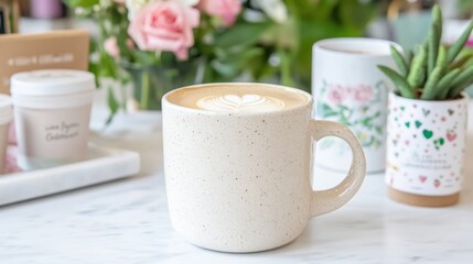 Indulge in romance with a perfectly crafted cup of coffee, adorned with heart-shaped foam art This image captures the essence of Valentine's Day, surrounded by the delicate beauty of roses and