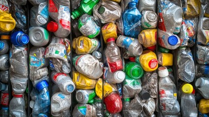 Obraz premium Crushed Plastic Bottles Recycling Bin Close Up