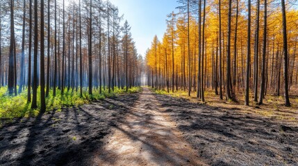Obraz premium Forest Path with Bright Shadows and Pollution Contrast