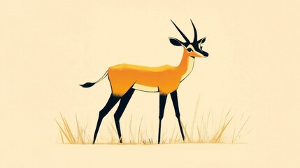 Naklejka premium Minimalist Orange Antelope in Grassland - Childrens Book Style