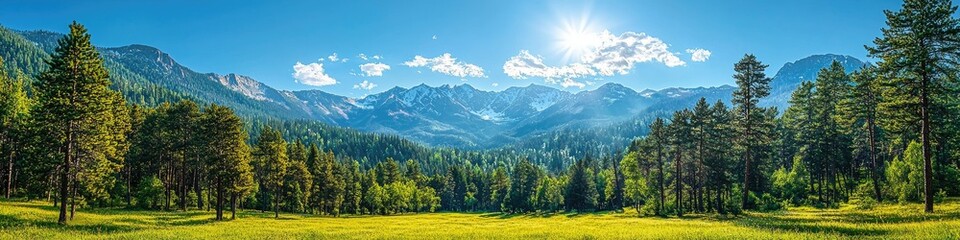 A vibrant landscape featuring mountains, trees, and a bright sun over a grassy meadow.