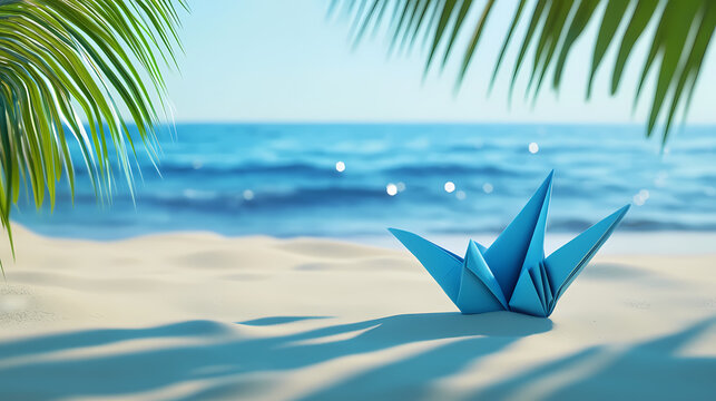 Um veleiro de origami azul repousa na areia branca, emoldurado por uma palmeira e o oceano azul ao fundo. Mariner. Illustration