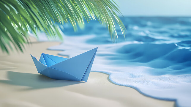 Um veleiro de origami azul repousa na areia branca, emoldurado por uma palmeira e o oceano azul ao fundo. Mariner. Illustration