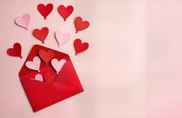 Red envelope filled with pink, red paper hearts. Flat lay style on pink background. Valentine Day...