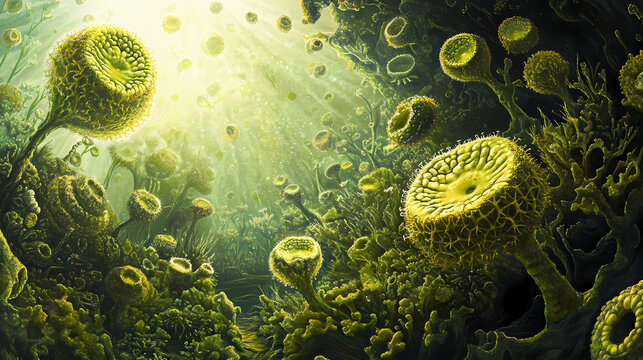 Vue macroscopique de micro-algues dans leurs milieu naturel. Mariner. Illustration