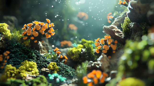 Vue macroscopique de micro-algues dans leurs milieu naturel. Mariner. Illustration