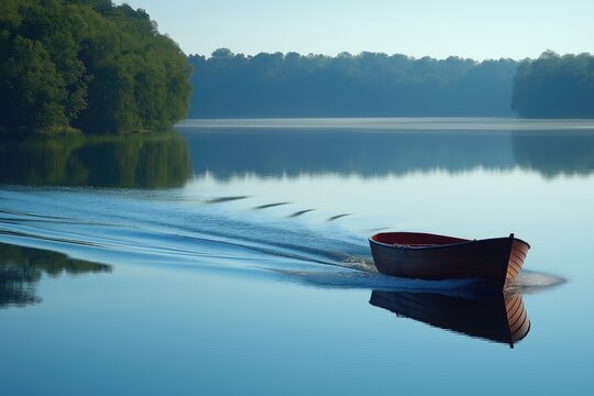 Empty Rowboat Floating Down a Calm River – Peaceful Boating and Waterway Landscape for Travel and Vacation Marketing Backdrop