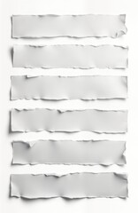 Collection of ripped white paper pieces. Torn paper strips isolated on transparent background. Suitable for various graphic design projects. Versatile elements for creating modern vintage effects.