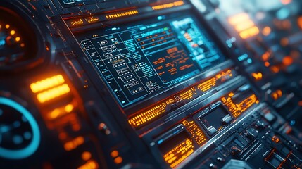 Fototapeta premium Futuristic digital control panel with glowing orange and blue interfaces.