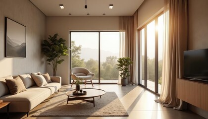  A modern living room boasts a large window offering a scenic view of trees and mountains, with a beige sofa, white armchair, and wooden coffee table. A flat-screen TV is mounted on the wall