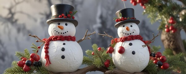 Detailed handmade snowman ornament on branch with berries, holiday decor, snowman, festive