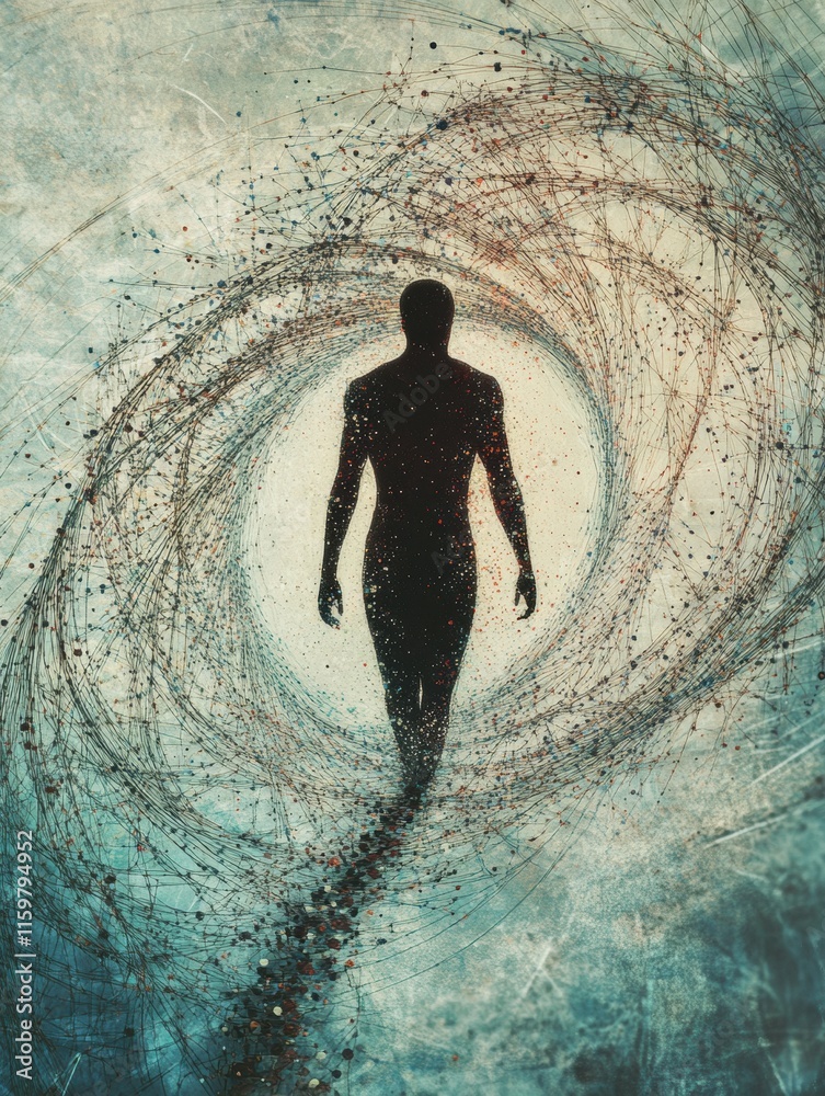 Leinwandbilder exploring the depths of loneliness through a human silhouette surrounded by an abstract whirlwind of