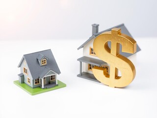 Obraz premium Small model house with golden dollar sign representing home ownership aspirations in modern setting, property, symbol