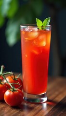 Fototapeta premium Tall glass of bright red tomato juice, copy space , red color, tasty, vibrant