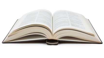 Fototapeta premium Open book, isolated on white background, showing pages with text.
