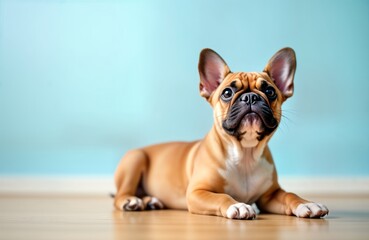 Fototapeta premium Adorable sable French Bulldog puppy lies on light wood floor. Small dog with yellow eyes looks upward against light blue background. Healthy puppy with cute expression. Purebred pet breed portrait.