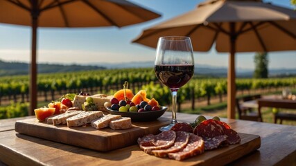 A scenic outdoor dining setup featuring a charcuterie board and a glass of red wine.