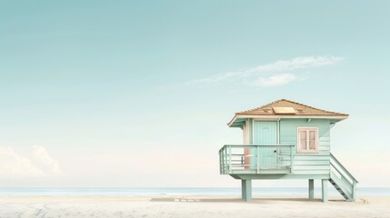 Pastel-colored beach house on sandy shore under a clear sky.
