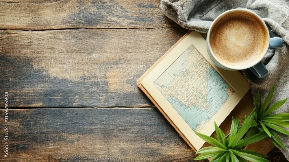 Aufkleber explore new destinations with a cup of coffee and an open travel guide on a rustic wooden table. gen