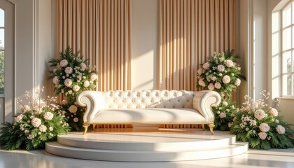  A white tufted sofa with gold legs sits on a white pedestal, flanked by two potted plants with pink flowers, in a room with beige walls and a large window.