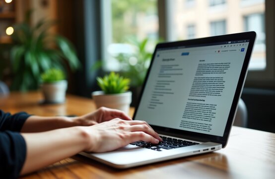 Woman works remotely at cafe reviewing job description on laptop. Hands type on laptop keyboard. Natural light streams into indoor cafe. Businesswoman researches job openings online. Modern pro