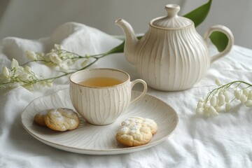 Ceramic tea set cup and teapot on white cloth cookies on a plate and lily of the valley Afternoon tea idea Morning at home