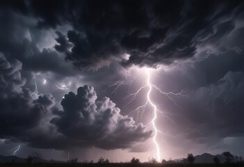 Eerie lightning bolt in stormy night sky with ominous clouds,  dramatic,  dark, lightning