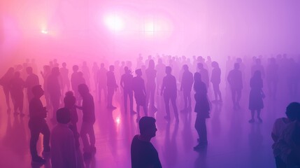 Silhouetted crowd in a hazy, purple-pink lit space.