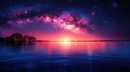 Naklejka premium A vibrant night sky over a calm lake, showcasing the Milky Way and colorful reflections.