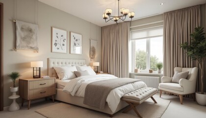  A serene bedroom features a large bed with white linens, a wooden nightstand, a white armchair, and a large window with beige curtains. The room is decorated with a chandelier, a painting