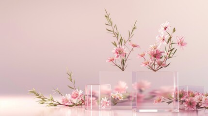 Pink flowers in glass cubes on pastel background.