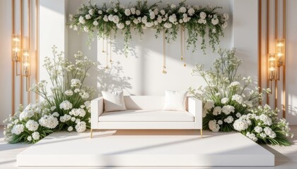 Fototapeta premium A white sofa with two white pillows sits on a white platform, flanked by white flowers and greenery, with a white wall and gold accents in the background.