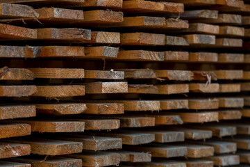 Wooden planks at sawmill, closeup