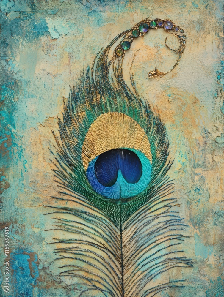 Aufkleber Intricate close up of a peacock feather showcasing vibrant colors and delicate textures against a textured background. Generative AI