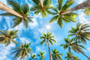 Obraz premium Stunning low-angle view of lush green palm trees against a vibrant blue sky, perfect for travel, vacation, or summer themes.