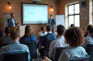 Business people attend conference seminar in office. Diverse group listens to speaker present data. Pro business atmosphere. Business presentation in progress. Corporate meeting takes place.