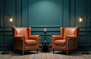 Two comfortable armchairs with leather upholstery face in podcast interview setting. Small table sits between supporting microphone. Dark teal background suggests pro studio environment for media