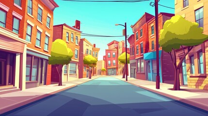 Obraz premium A Cartoon City Street with Brick Buildings and Trees