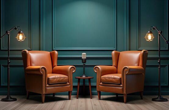 Two comfortable armchairs with leather upholstery face in podcast interview setting. Small table sits between supporting microphone. Dark teal background suggests pro studio environment for media
